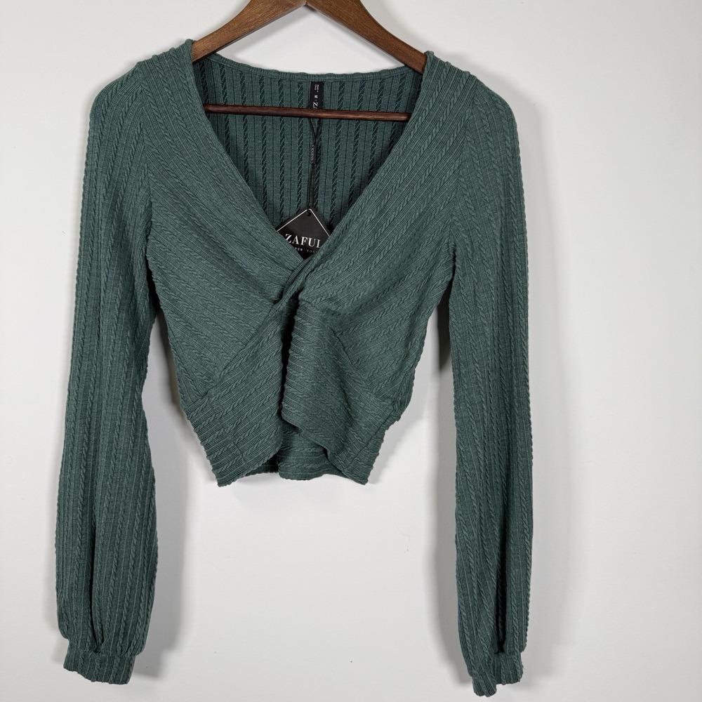 Zaful‎ Women's Long Sleeve Crop Shirt Textured Green Faux Wrap Small